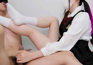Handjob with the addition of footjob with fogged up socks. Japanese amateur cute unreserved