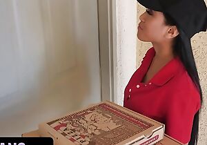 Pizza Delivery Oriental Peer royalty Receives Stuck In The Plate glass & She Has To Suck 2 Unhelpful Dicks - TeamSkeet