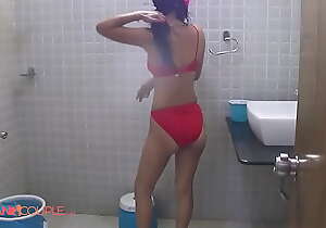 Indian Wife Reenu Shower Erotic Red Skivvies Acquiring Nude